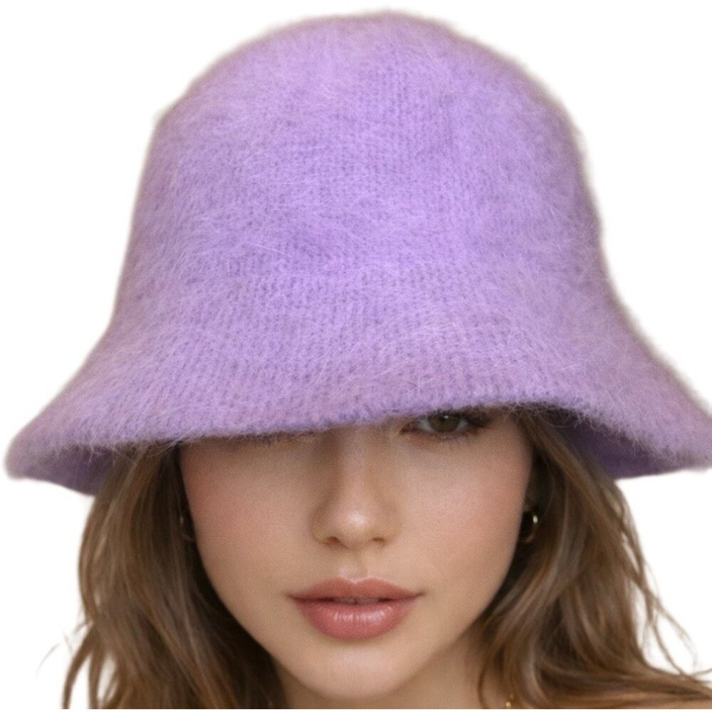 Angora Wool Rabbit Blend Bucket Hat Purple Solid Women's One Size Casual